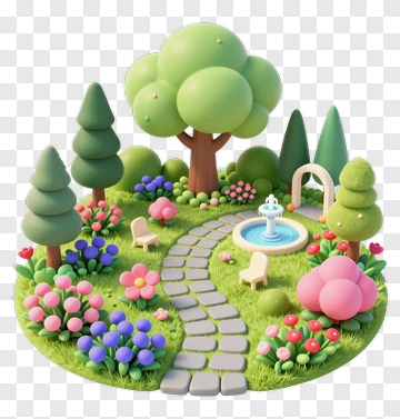 3D Garden With Fountain And Colorful Flowers PNG
