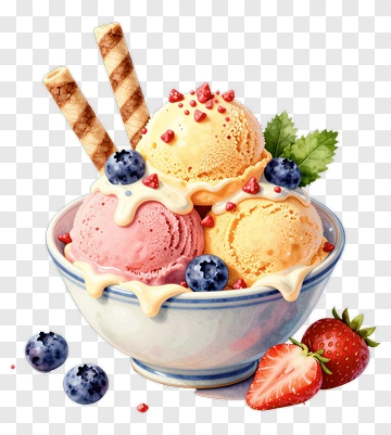 Colorful Ice Cream Sundae With Strawberries And Blueberries PNG