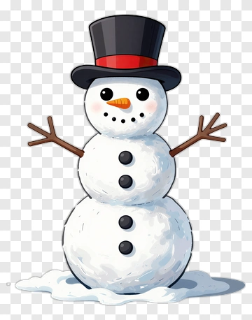 Cartoon Snowman With Black Hat And Carrot Nose PNG