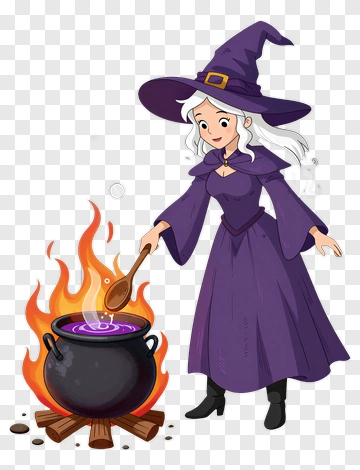 Cartoon Witch Stirring A Cauldron PNG
