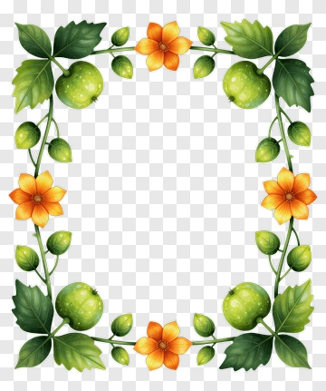 Floral Frame With Green Apples And Orange Flowers PNG