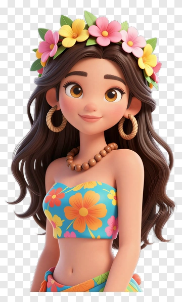 Cartoon Girl With Floral Crown PNG