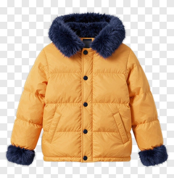 Yellow Puffer Jacket With Navy Fur Trim PNG