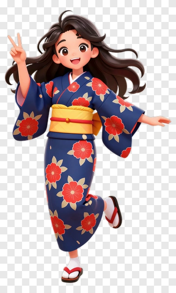 Cartoon Girl In Floral Kimono PNG