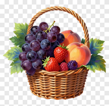 Fruit Basket With Grapes, Peaches, And Strawberries PNG