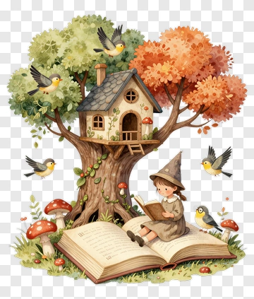 Child Reading Under A Tree House PNG