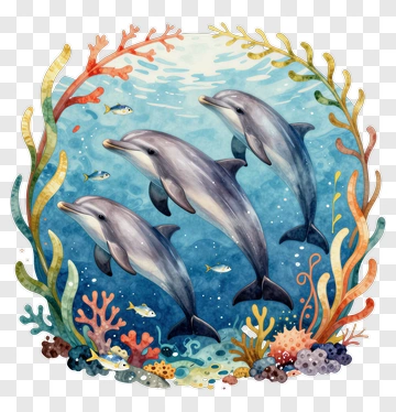 Three Dolphins Swimming In A Coral Reef PNG