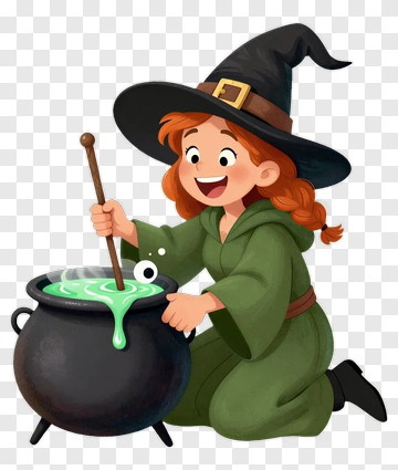 Cartoon Witch Stirring A Cauldron PNG