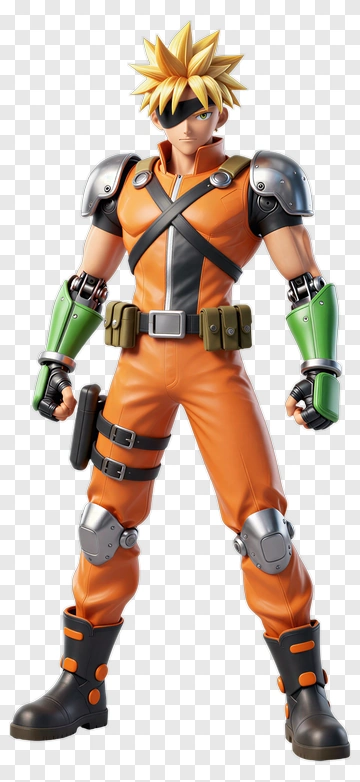 3D Character In Orange Outfit With Mechanical Arms PNG