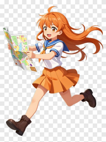 Anime Girl Running With A Map PNG