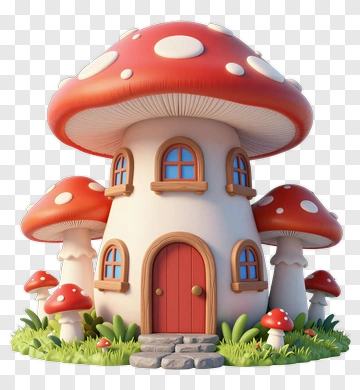 3D Mushroom House With Colorful Roof PNG