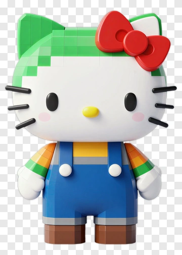 3D Hello Kitty Figure In Colorful Overalls PNG
