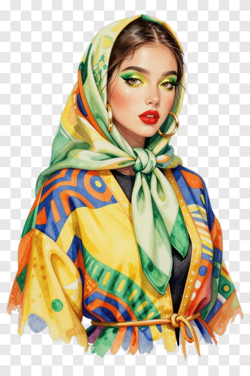 Colorful Woman In A Patterned Scarf PNG