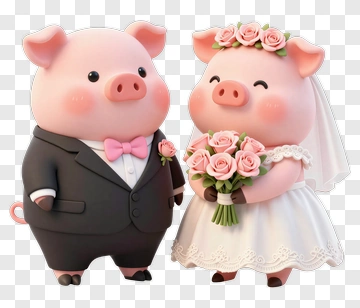 Cartoon Wedding Pig Couple Holding Roses PNG