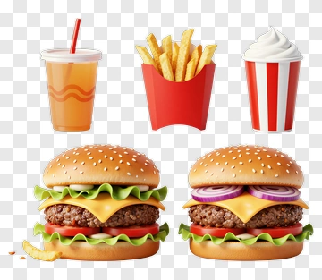Fast Food Meal With Burgers, Fries, And Drinks PNG