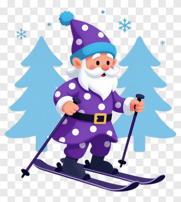 Cartoon Gnome Skiing In A Winter Landscape PNG