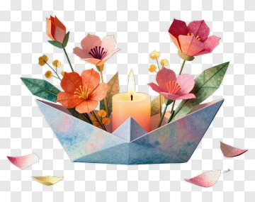 Colorful Paper Boat With Flowers And Candle PNG