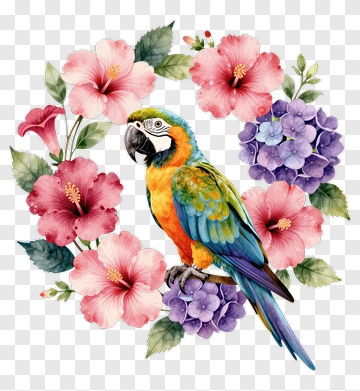 Colorful Parrot Surrounded By Tropical Flowers PNG