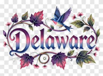 Delaware Decorative Typography With Bird And Flowers PNG