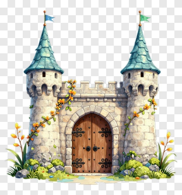 Cartoon Castle With Green Flags And Floral Accents PNG