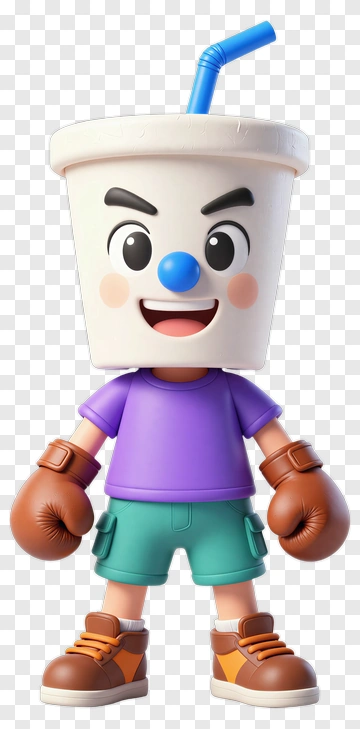 Cartoon Character With Drink Cup And Boxing Gloves PNG