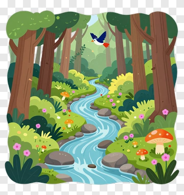Colorful Forest Stream With Flowers And Mushrooms PNG