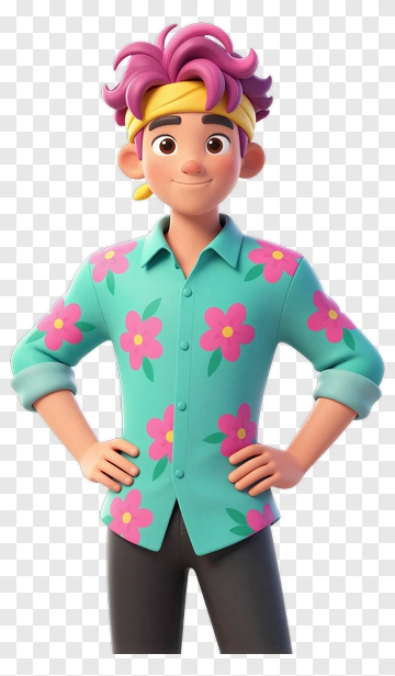 Cartoon Boy With Floral Shirt PNG