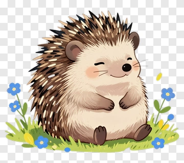 Cartoon Hedgehog Sitting Among Flowers PNG