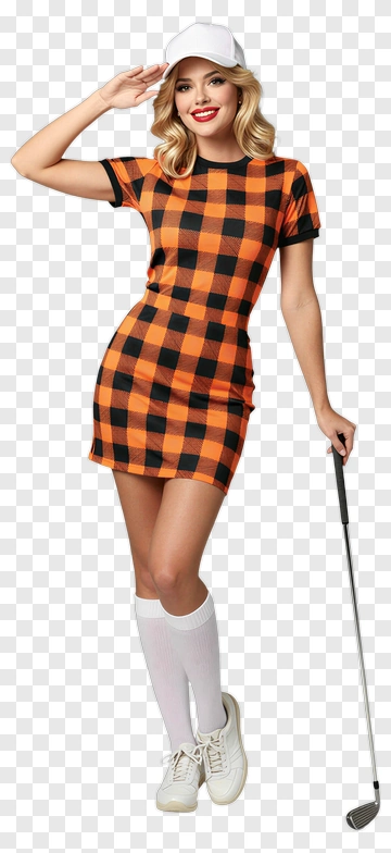 Woman In Orange And Black Checkered Dress Holding A Golf Club PNG