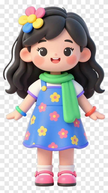 Cartoon Girl In Colorful Dress With Flower Patterns PNG