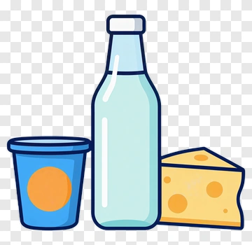Cartoon Milk Bottle, Cheese, And Cup PNG