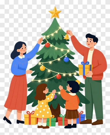 Family Decorating A Christmas Tree PNG