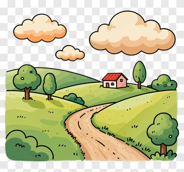 Cartoon Landscape With House And Trees PNG