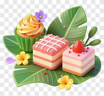Colorful Dessert Display On Leaves PNG
