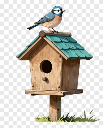 Blue Bird Sitting On A Wooden Birdhouse PNG