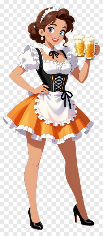 Cartoon Waitress Holding Beer Mugs PNG