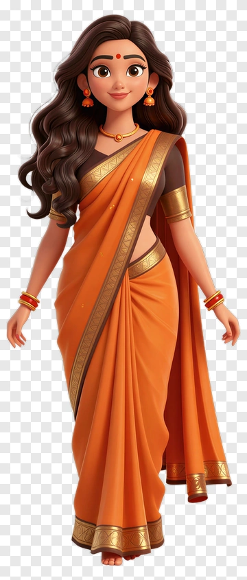 Cartoon Woman Wearing An Orange Saree PNG