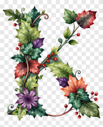 Colorful Letter K Decorated With Leaves And Flowers PNG