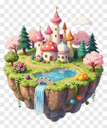 Whimsical Fairy Tale Castle With Waterfall And Trees PNG