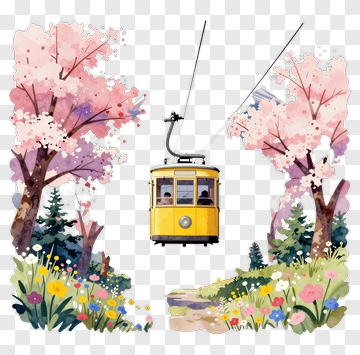 Yellow Cable Car Surrounded By Cherry Blossom Trees PNG