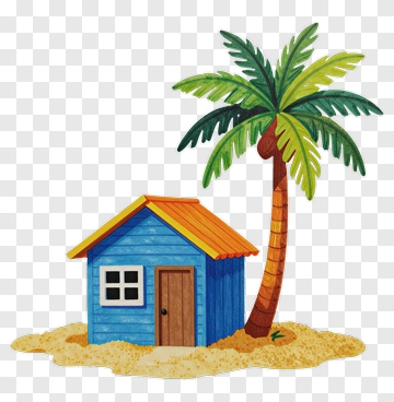 Colorful Beach House With Palm Tree PNG