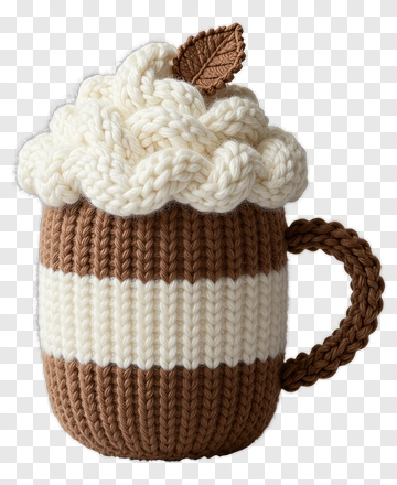 Knitted Coffee Mug With Cream And Leaf PNG