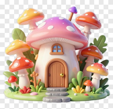 Colorful Mushroom House With Fungi And Greenery PNG