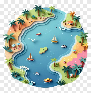 Colorful Beach Scene With Boats And Palm Trees PNG