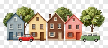 Colorful Houses With Trees And Cars PNG