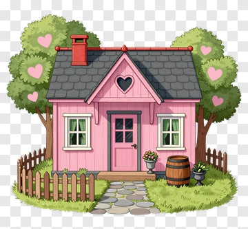 Cartoon Pink House With Trees And Flowers PNG