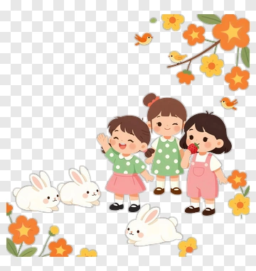 Cartoon Children Playing With Bunnies And Flowers PNG