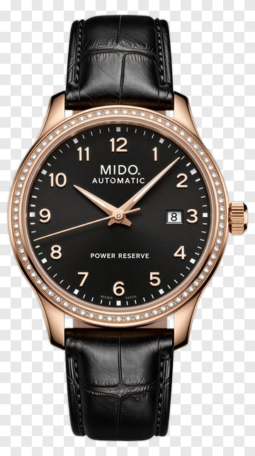 Mido Automatic Watch With Black Leather Strap PNG