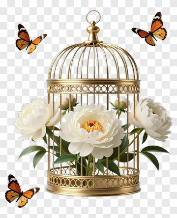 Golden Birdcage With White Peonies And Butterflies PNG
