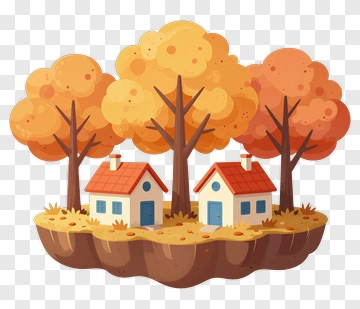Colorful Autumn Landscape With Houses And Trees PNG